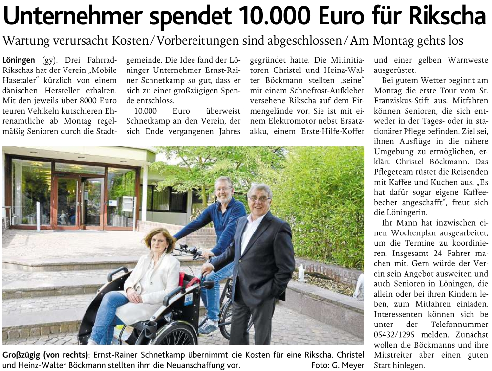 Unternehmer spendet 10000 Euro für Rikscha